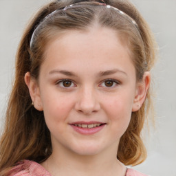 Joyful white child female with medium  brown hair and grey eyes