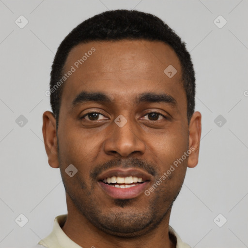 Joyful black young-adult male with short  black hair and brown eyes