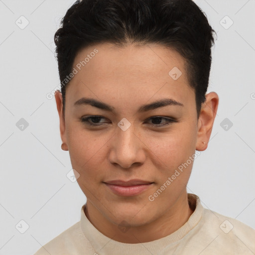 Joyful asian young-adult female with short  brown hair and brown eyes