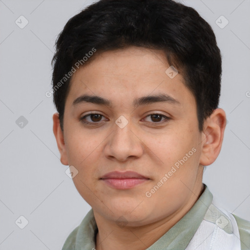 Joyful latino young-adult female with short  brown hair and brown eyes