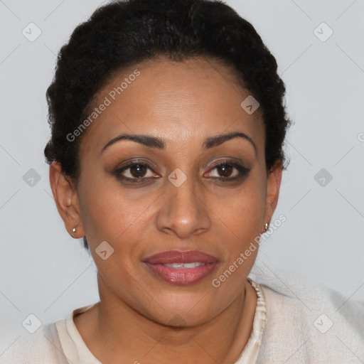 Joyful latino young-adult female with short  brown hair and brown eyes