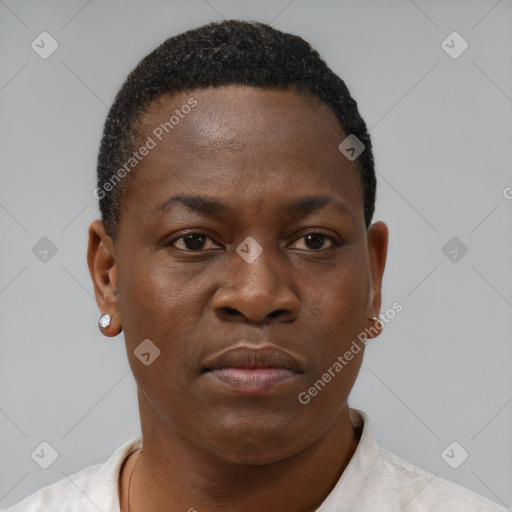 Neutral black young-adult female with short  brown hair and brown eyes