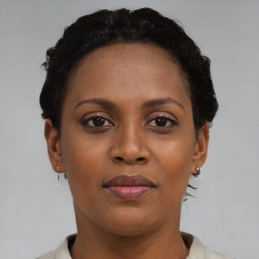 Joyful black young-adult female with short  brown hair and brown eyes