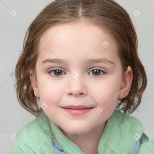 Joyful white child female with medium  brown hair and grey eyes