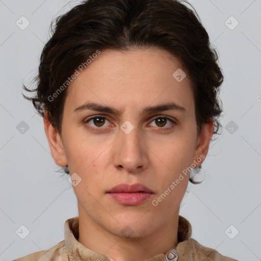 Neutral white young-adult female with medium  brown hair and brown eyes