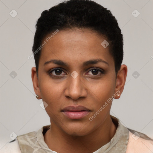 Joyful latino young-adult female with short  black hair and brown eyes