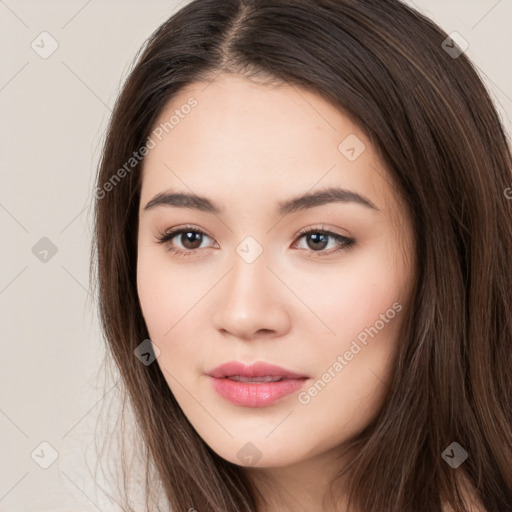 Neutral white young-adult female with long  brown hair and brown eyes