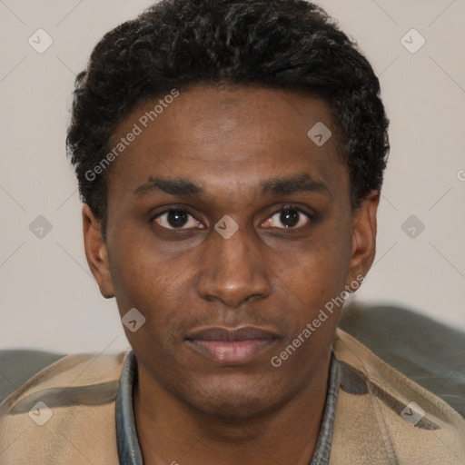 Neutral black young-adult male with short  black hair and brown eyes