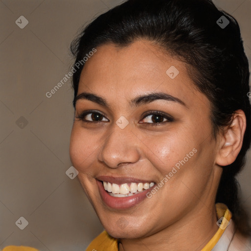 Joyful latino young-adult female with short  brown hair and brown eyes