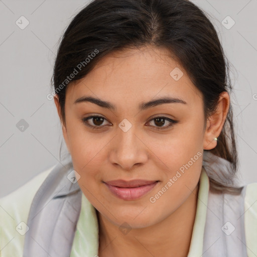 Joyful latino young-adult female with long  brown hair and brown eyes