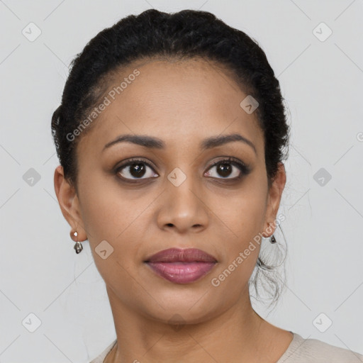 Joyful latino young-adult female with short  brown hair and brown eyes