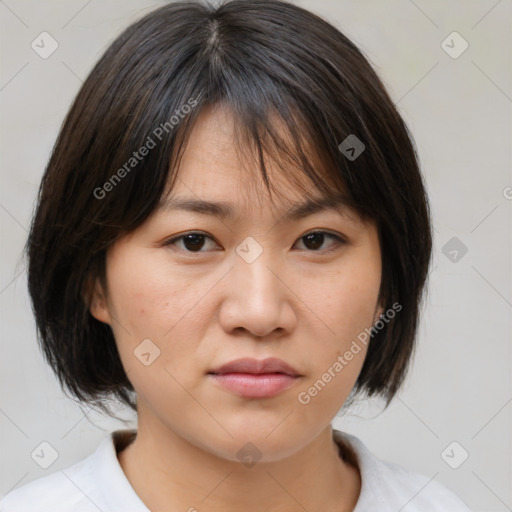 Neutral white young-adult female with medium  brown hair and brown eyes