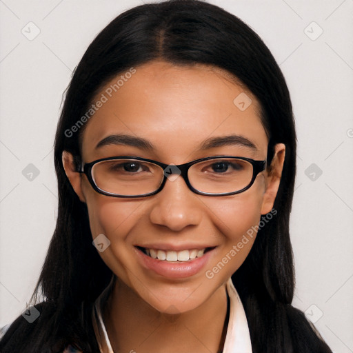 Joyful latino young-adult female with long  black hair and brown eyes