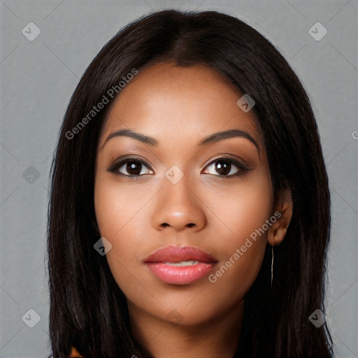 Neutral latino young-adult female with long  black hair and brown eyes