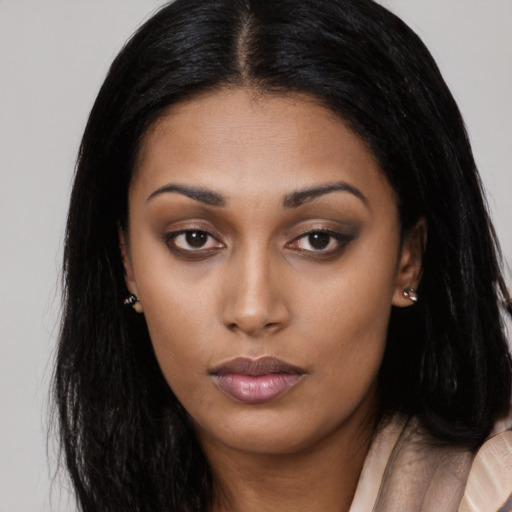 Neutral asian young-adult female with long  black hair and brown eyes