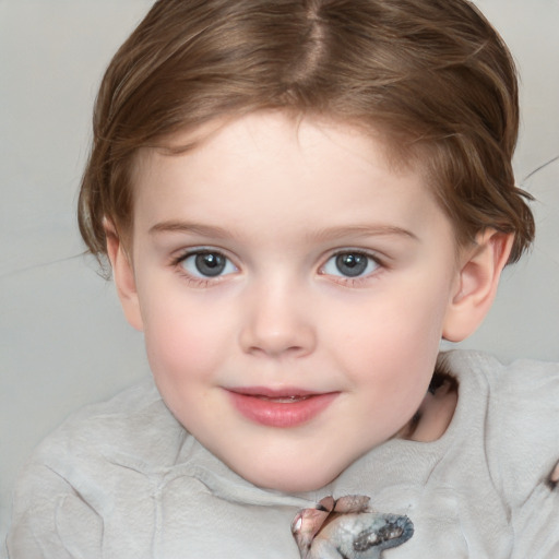 Joyful white child female with medium  brown hair and grey eyes