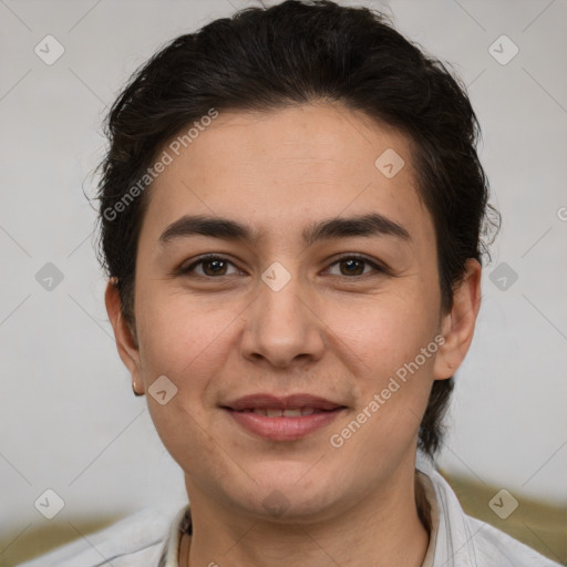 Joyful white young-adult female with short  brown hair and brown eyes