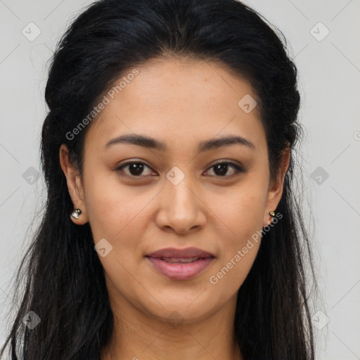 Joyful latino young-adult female with long  brown hair and brown eyes