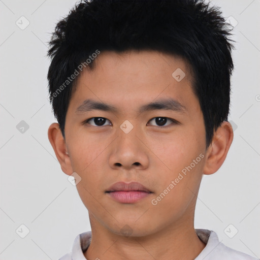 Neutral asian young-adult male with short  black hair and brown eyes