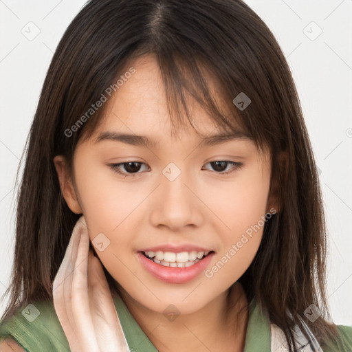 Joyful white young-adult female with medium  brown hair and brown eyes