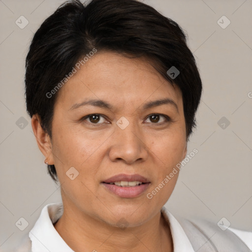 Joyful white adult female with short  brown hair and brown eyes