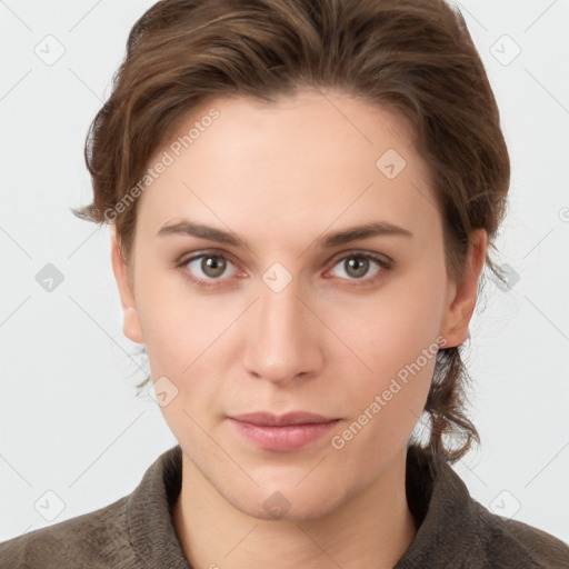 Neutral white young-adult female with short  brown hair and brown eyes