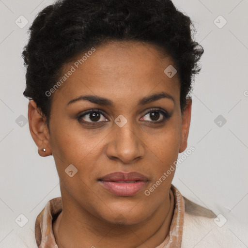 Joyful black young-adult female with short  brown hair and brown eyes