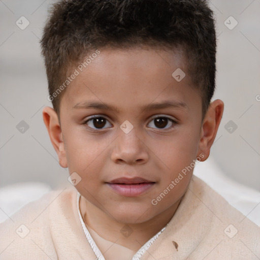 Joyful white child male with short  brown hair and brown eyes