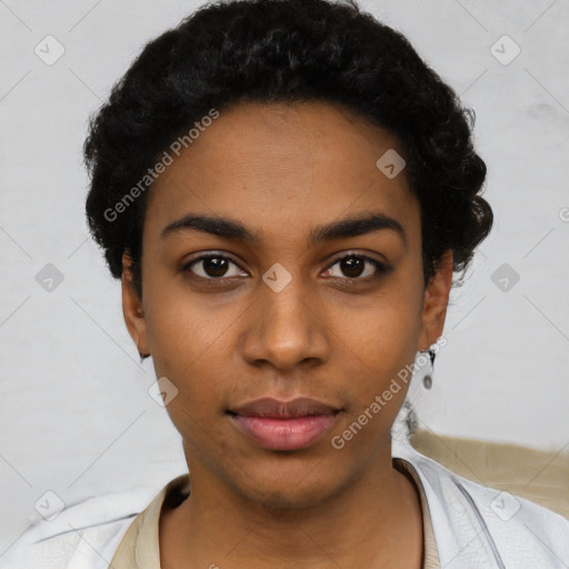 Neutral latino young-adult female with short  black hair and brown eyes