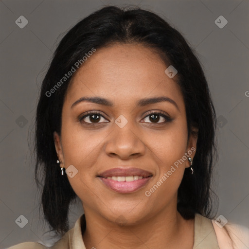 Joyful black young-adult female with medium  brown hair and brown eyes