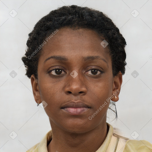 Neutral black young-adult female with short  brown hair and brown eyes