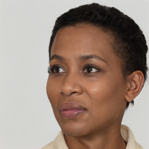 Neutral black young-adult female with short  black hair and brown eyes