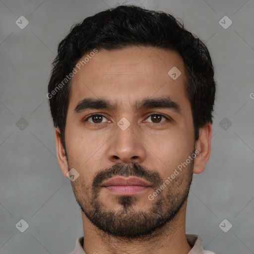 Neutral latino young-adult male with short  black hair and brown eyes