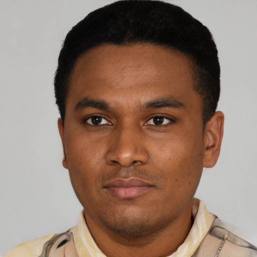 Neutral latino young-adult male with short  black hair and brown eyes
