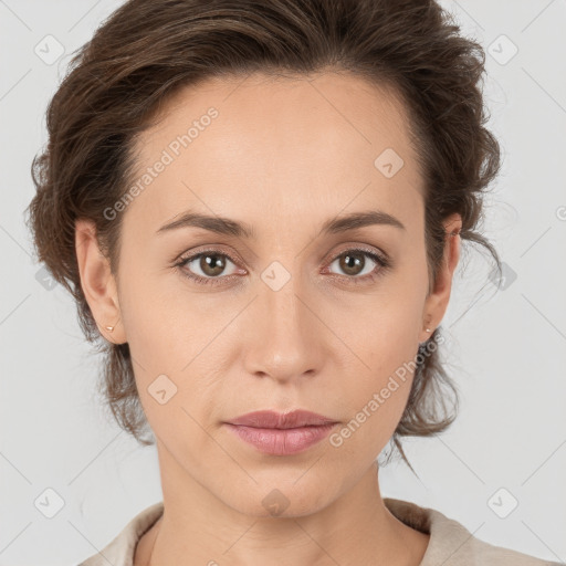 Neutral white young-adult female with medium  brown hair and brown eyes