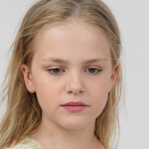 Neutral white child female with medium  brown hair and blue eyes