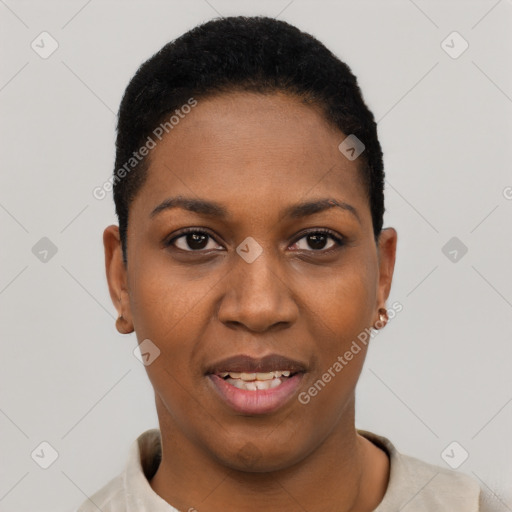 Joyful black young-adult female with short  black hair and brown eyes