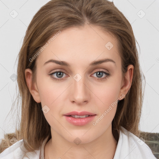 Neutral white young-adult female with medium  brown hair and grey eyes