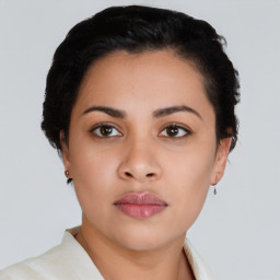 Neutral asian young-adult female with short  black hair and brown eyes