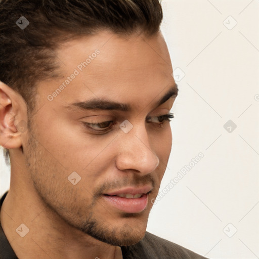 Neutral white young-adult male with short  brown hair and brown eyes