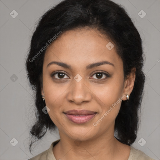 Joyful black young-adult female with medium  black hair and brown eyes