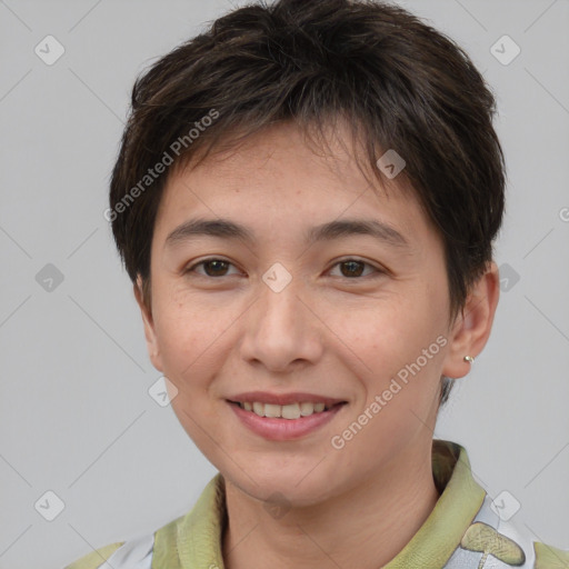 Joyful white young-adult female with short  brown hair and brown eyes