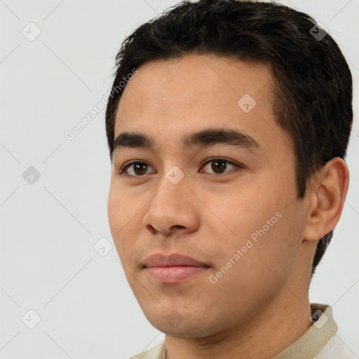 Neutral white young-adult male with short  black hair and brown eyes