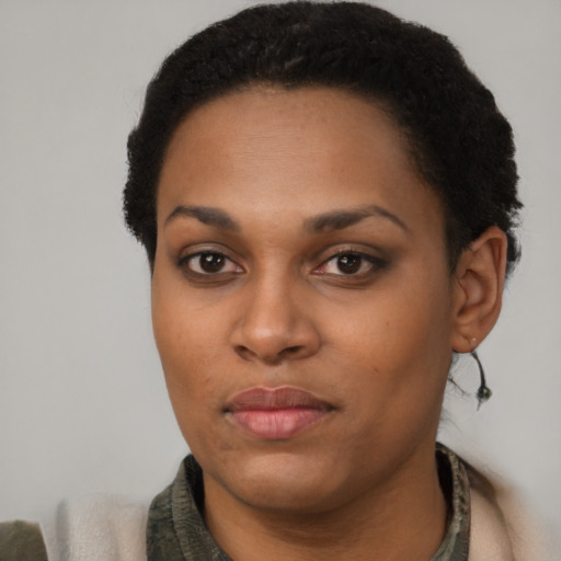 Neutral black young-adult female with short  black hair and brown eyes