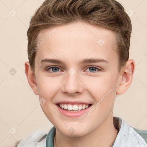 Joyful white child female with short  brown hair and grey eyes