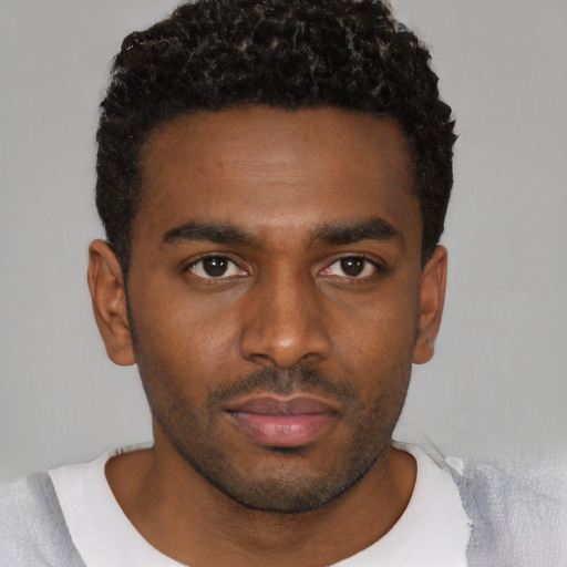 Neutral black young-adult male with short  black hair and brown eyes