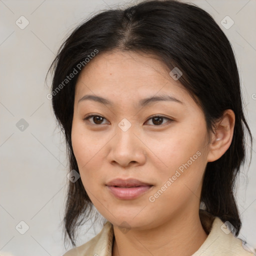 Neutral asian young-adult female with medium  brown hair and brown eyes