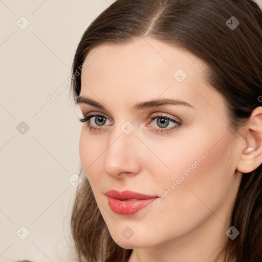 Neutral white young-adult female with long  brown hair and grey eyes