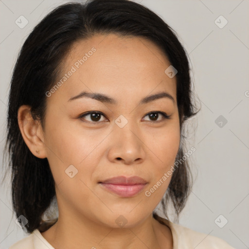 Joyful asian young-adult female with medium  brown hair and brown eyes