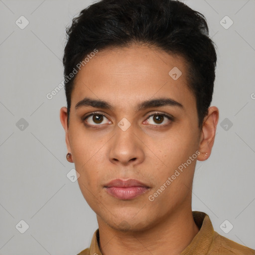 Neutral latino young-adult male with short  black hair and brown eyes